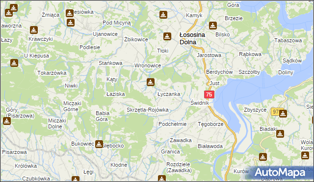 mapa Łyczanka gmina Łososina Dolna, Łyczanka gmina Łososina Dolna na mapie Targeo