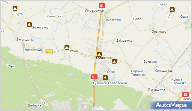 mapa Łysomice powiat toruński, Łysomice powiat toruński na mapie Targeo