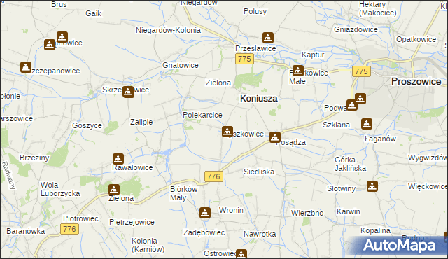 mapa Łyszkowice gmina Koniusza, Łyszkowice gmina Koniusza na mapie Targeo