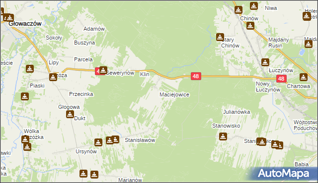 mapa Maciejowice gmina Głowaczów, Maciejowice gmina Głowaczów na mapie Targeo