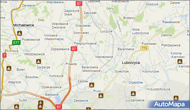 mapa Maciejowice gmina Kocmyrzów-Luborzyca, Maciejowice gmina Kocmyrzów-Luborzyca na mapie Targeo