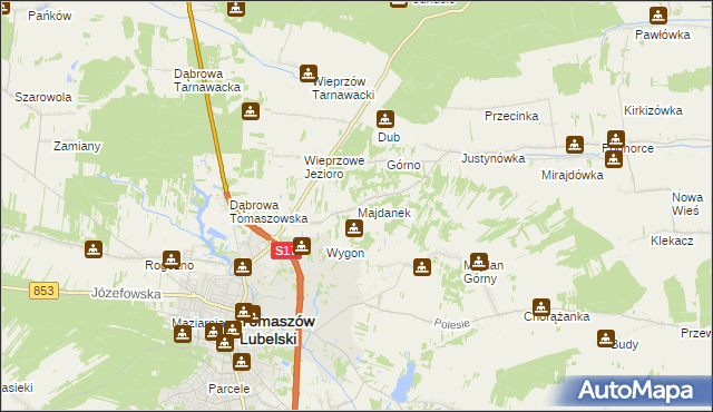 mapa Majdanek gmina Tomaszów Lubelski, Majdanek gmina Tomaszów Lubelski na mapie Targeo