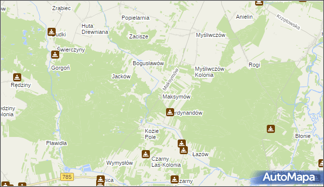 mapa Maksymów gmina Wielgomłyny, Maksymów gmina Wielgomłyny na mapie Targeo