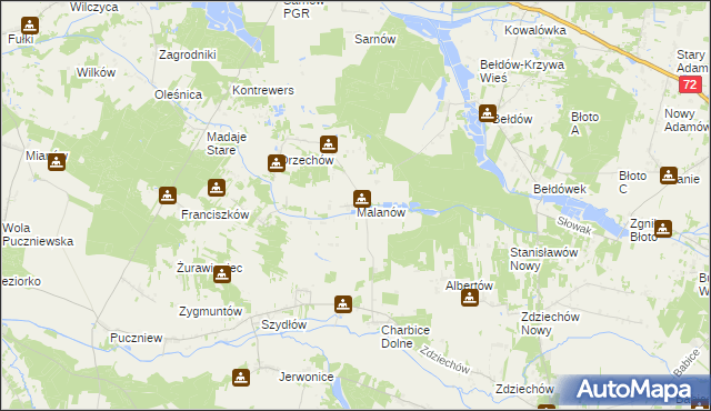 mapa Malanów gmina Lutomiersk, Malanów gmina Lutomiersk na mapie Targeo