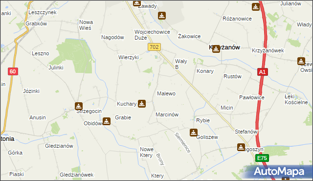 mapa Malewo gmina Krzyżanów, Malewo gmina Krzyżanów na mapie Targeo