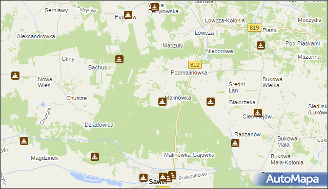 mapa Malinówka gmina Sawin, Malinówka gmina Sawin na mapie Targeo