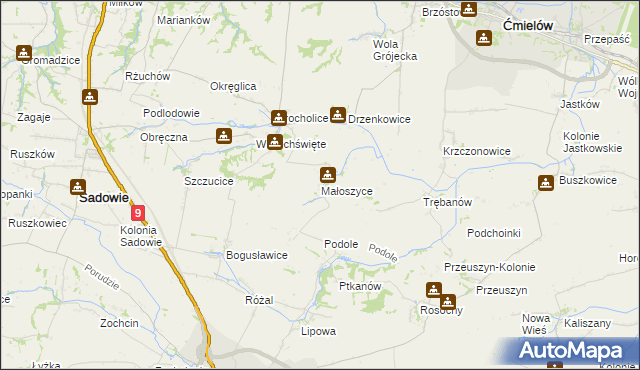 mapa Małoszyce gmina Sadowie, Małoszyce gmina Sadowie na mapie Targeo