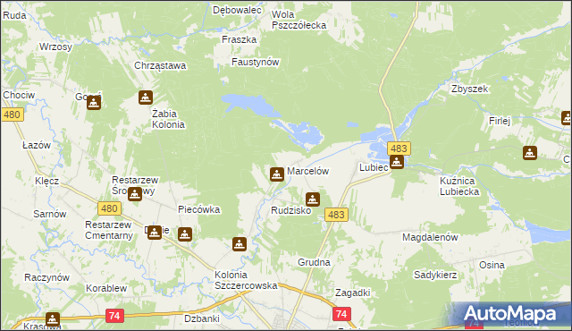 mapa Marcelów gmina Szczerców, Marcelów gmina Szczerców na mapie Targeo