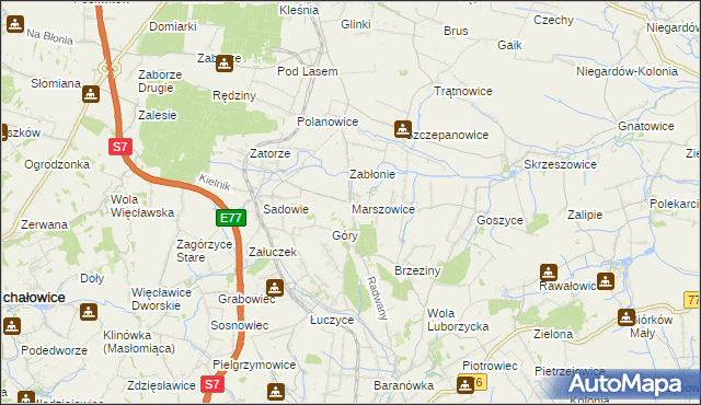 mapa Marszowice gmina Kocmyrzów-Luborzyca, Marszowice gmina Kocmyrzów-Luborzyca na mapie Targeo