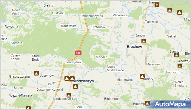 mapa Marysin gmina Młodzieszyn, Marysin gmina Młodzieszyn na mapie Targeo