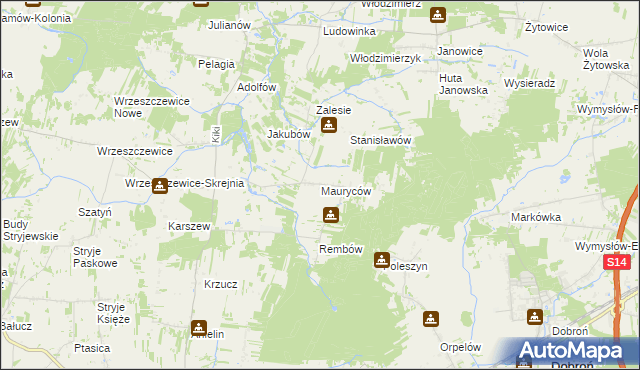 mapa Mauryców gmina Wodzierady, Mauryców gmina Wodzierady na mapie Targeo