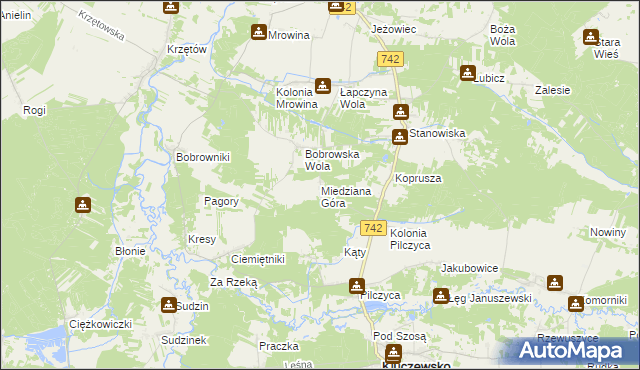 mapa Miedziana Góra gmina Kluczewsko, Miedziana Góra gmina Kluczewsko na mapie Targeo