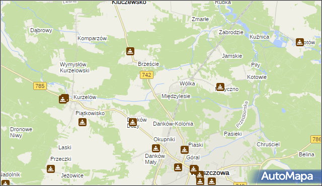 mapa Międzylesie gmina Włoszczowa, Międzylesie gmina Włoszczowa na mapie Targeo