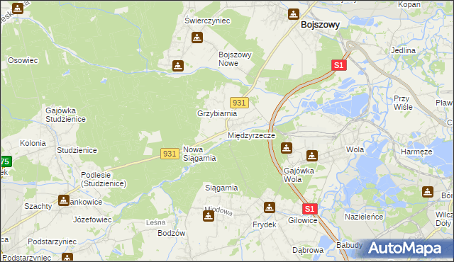 mapa Międzyrzecze gmina Bojszowy, Międzyrzecze gmina Bojszowy na mapie Targeo