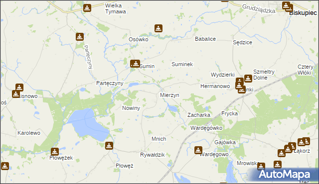 mapa Mierzyn gmina Biskupiec, Mierzyn gmina Biskupiec na mapie Targeo