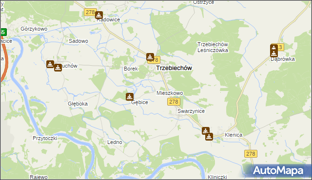 mapa Mieszkowo gmina Trzebiechów, Mieszkowo gmina Trzebiechów na mapie Targeo