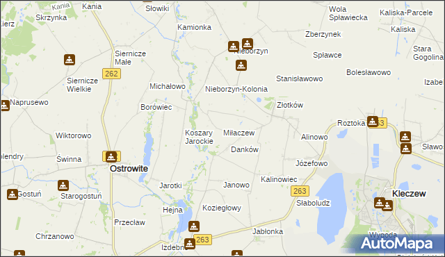 mapa Miłaczew gmina Kleczew, Miłaczew gmina Kleczew na mapie Targeo