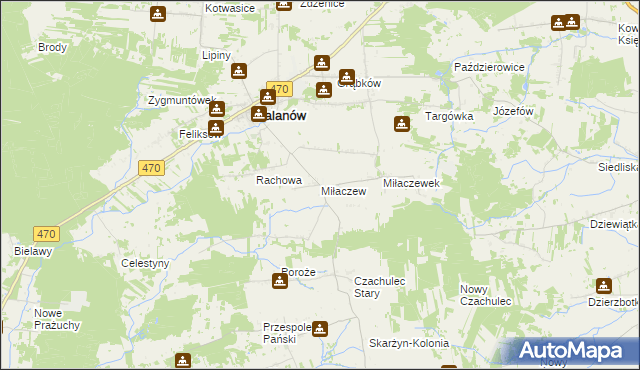 mapa Miłaczew gmina Malanów, Miłaczew gmina Malanów na mapie Targeo