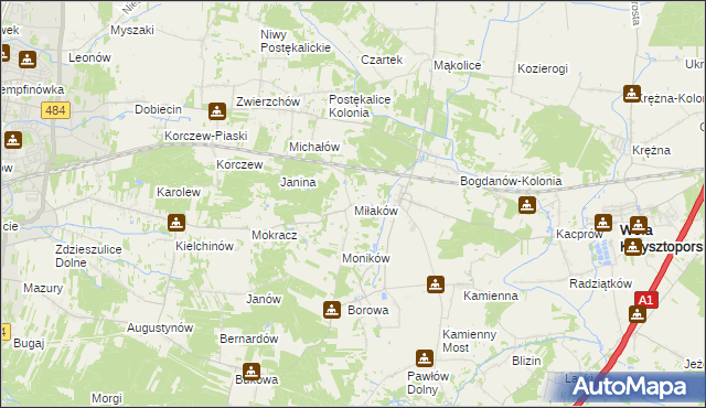 mapa Miłaków gmina Wola Krzysztoporska, Miłaków gmina Wola Krzysztoporska na mapie Targeo