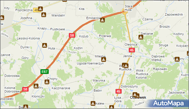 mapa Milejów gmina Ostrówek, Milejów gmina Ostrówek na mapie Targeo