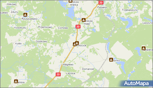 mapa Miłocice gmina Miastko, Miłocice gmina Miastko na mapie Targeo