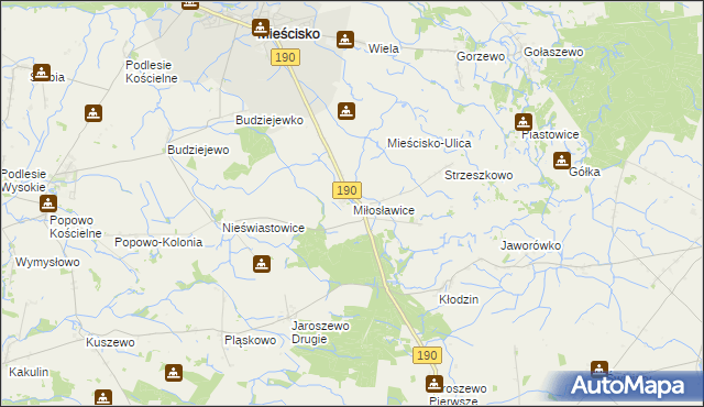 mapa Miłosławice gmina Mieścisko, Miłosławice gmina Mieścisko na mapie Targeo