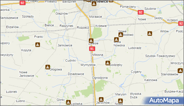 mapa Miłosna gmina Krośniewice, Miłosna gmina Krośniewice na mapie Targeo