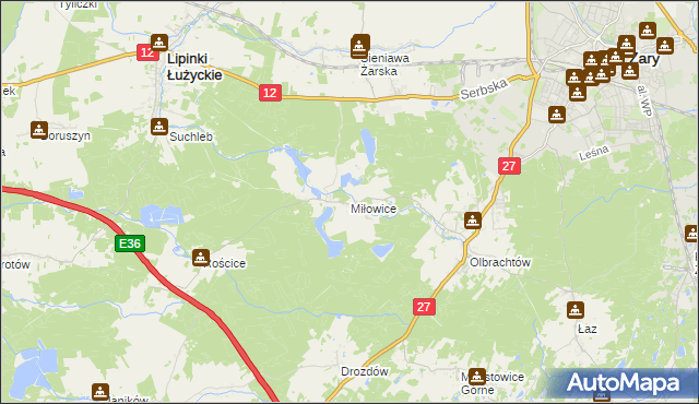 mapa Miłowice gmina Żary, Miłowice gmina Żary na mapie Targeo