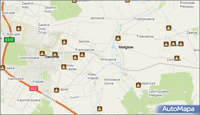 mapa Minkowice gmina Mełgiew, Minkowice gmina Mełgiew na mapie Targeo