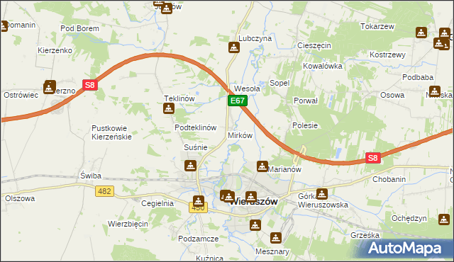 mapa Mirków gmina Wieruszów, Mirków gmina Wieruszów na mapie Targeo