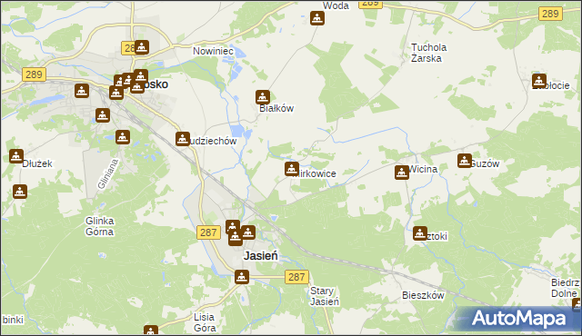 mapa Mirkowice gmina Jasień, Mirkowice gmina Jasień na mapie Targeo