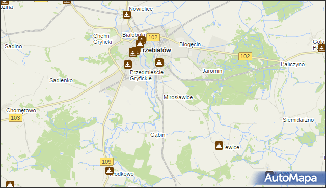 mapa Mirosławice gmina Trzebiatów, Mirosławice gmina Trzebiatów na mapie Targeo