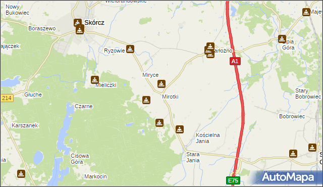 mapa Mirotki gmina Skórcz, Mirotki gmina Skórcz na mapie Targeo