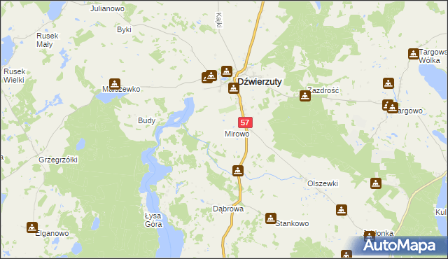 mapa Mirowo gmina Dźwierzuty, Mirowo gmina Dźwierzuty na mapie Targeo