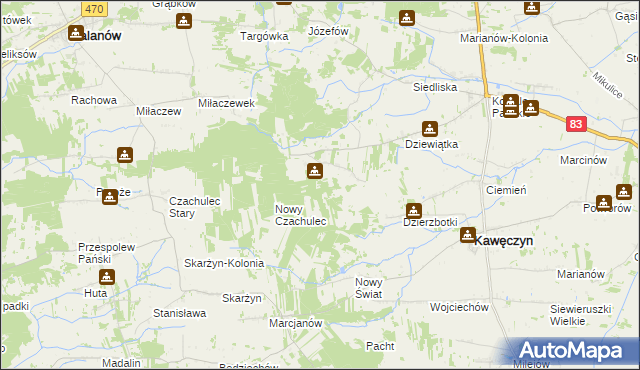 mapa Młodzianów gmina Kawęczyn, Młodzianów gmina Kawęczyn na mapie Targeo