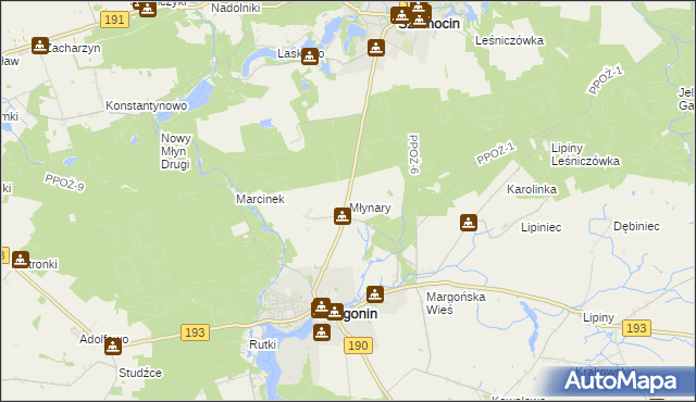 mapa Młynary gmina Margonin, Młynary gmina Margonin na mapie Targeo