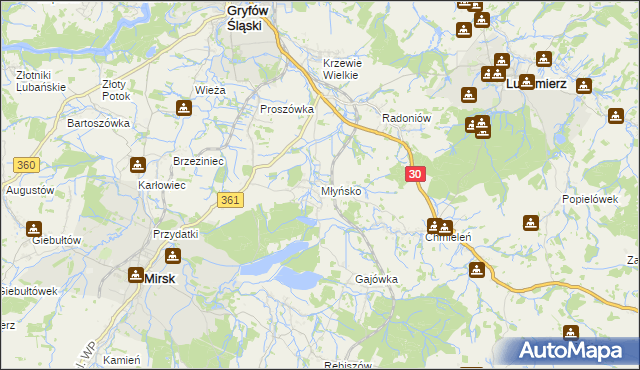 mapa Młyńsko gmina Gryfów Śląski, Młyńsko gmina Gryfów Śląski na mapie Targeo