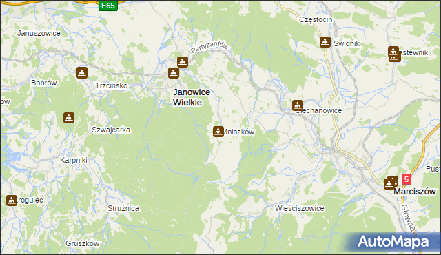 mapa Mniszków gmina Janowice Wielkie, Mniszków gmina Janowice Wielkie na mapie Targeo