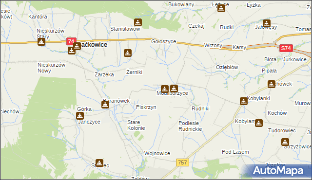 mapa Modliborzyce gmina Baćkowice, Modliborzyce gmina Baćkowice na mapie Targeo