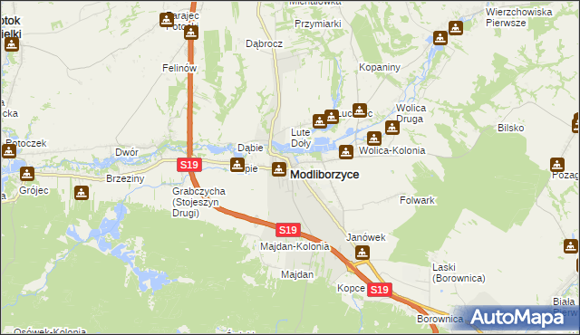 mapa Modliborzyce powiat janowski, Modliborzyce powiat janowski na mapie Targeo