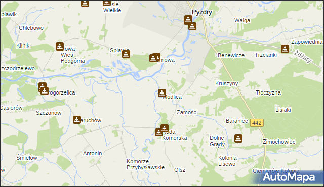 mapa Modlica gmina Pyzdry, Modlica gmina Pyzdry na mapie Targeo