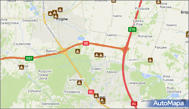 mapa Modlica gmina Tuszyn, Modlica gmina Tuszyn na mapie Targeo