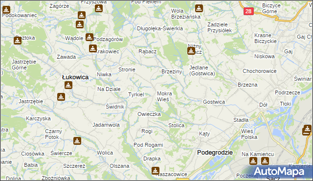 mapa Mokra Wieś gmina Podegrodzie, Mokra Wieś gmina Podegrodzie na mapie Targeo
