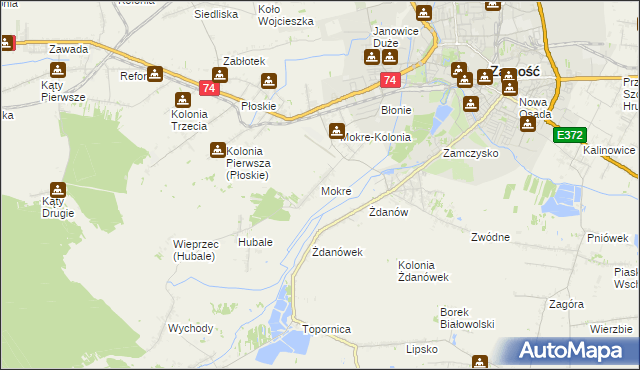 mapa Mokre gmina Zamość, Mokre gmina Zamość na mapie Targeo
