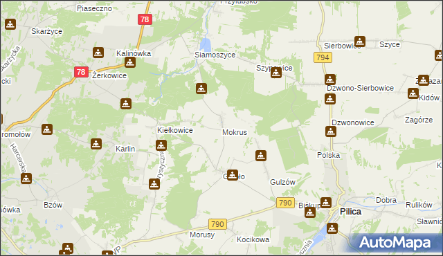 mapa Mokrus gmina Ogrodzieniec, Mokrus gmina Ogrodzieniec na mapie Targeo