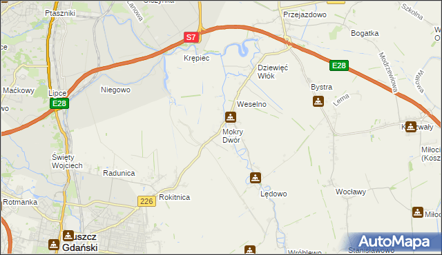 mapa Mokry Dwór gmina Pruszcz Gdański, Mokry Dwór gmina Pruszcz Gdański na mapie Targeo