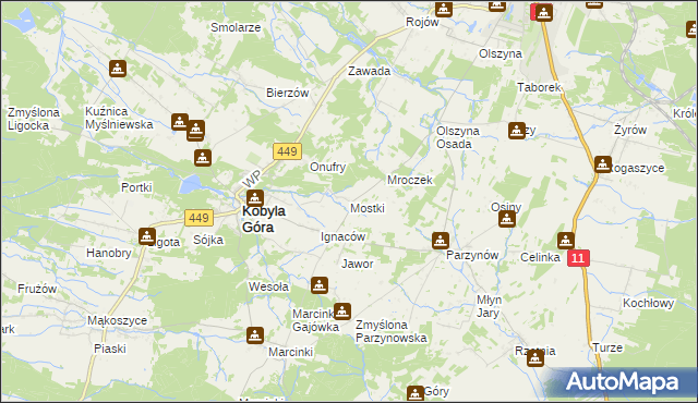 mapa Mostki gmina Kobyla Góra, Mostki gmina Kobyla Góra na mapie Targeo