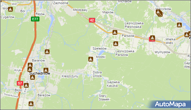 mapa Mostki gmina Suchedniów, Mostki gmina Suchedniów na mapie Targeo