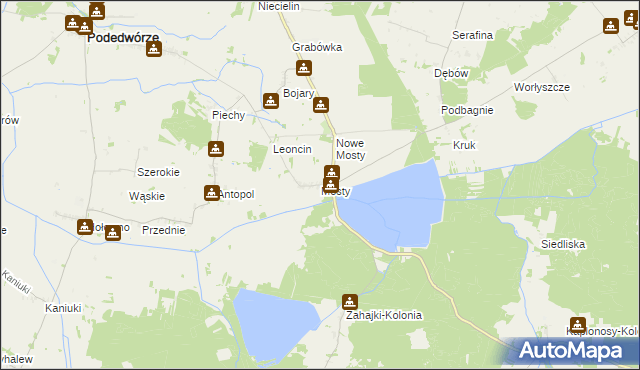 mapa Mosty gmina Podedwórze, Mosty gmina Podedwórze na mapie Targeo