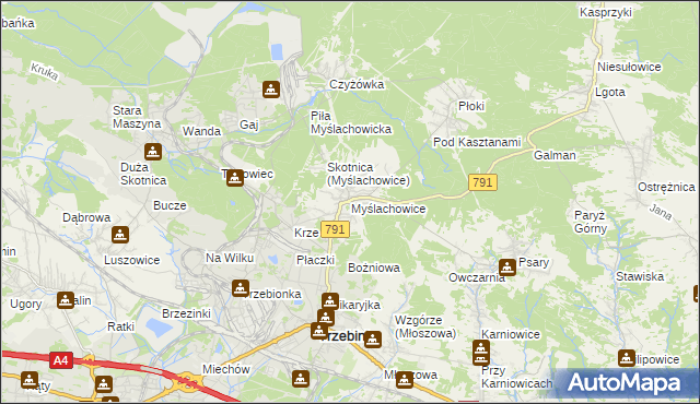 mapa Myślachowice, Myślachowice na mapie Targeo